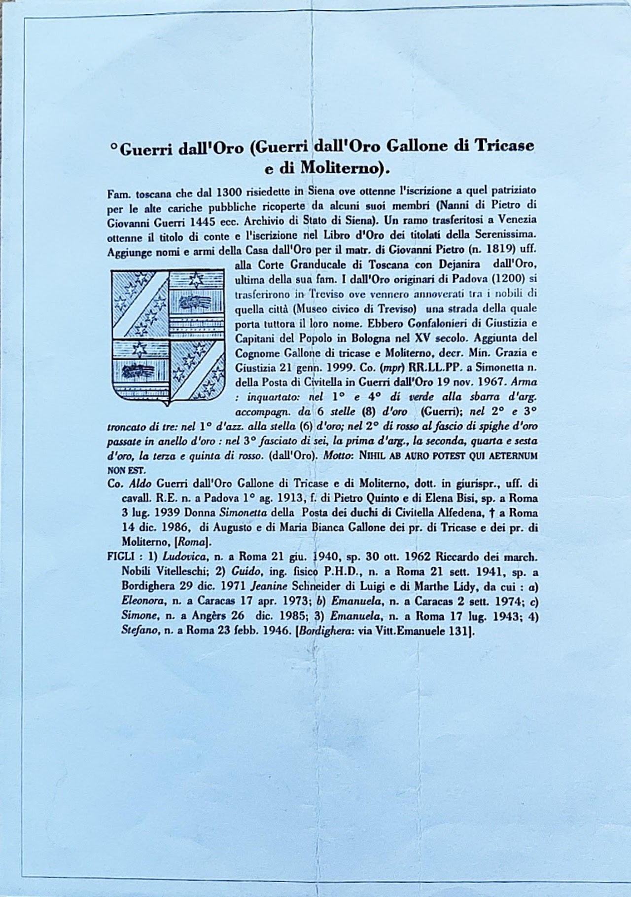 Documento d’archivio della famiglia Guerri dall’Oro